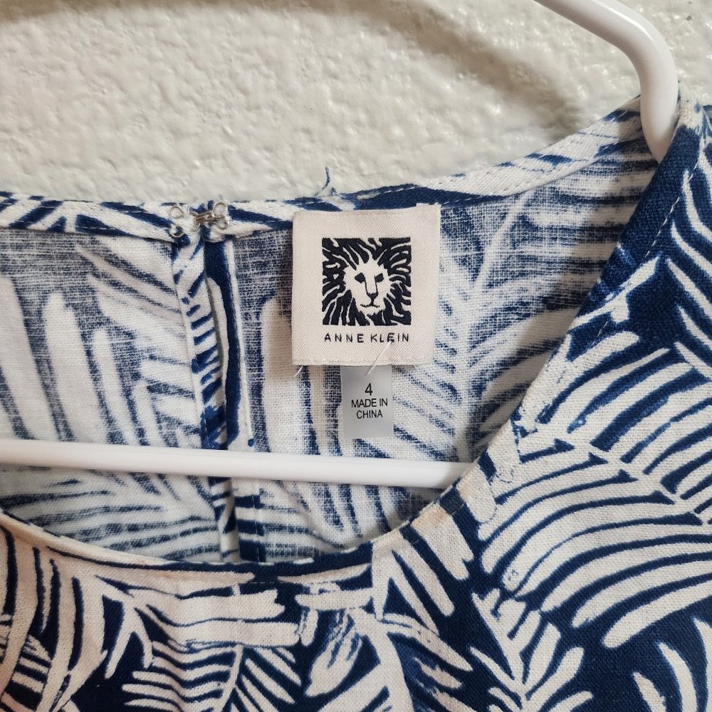 AK Anne Klein Sleeveless Linen Tropical Palm Fronds Summer Dress Women’s Size 4